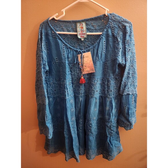 Johnny Was Eyelet Blue Tunic Top Mini Dress Boho Cottagecore Farmhouse Size XS - Picture 2 of 9